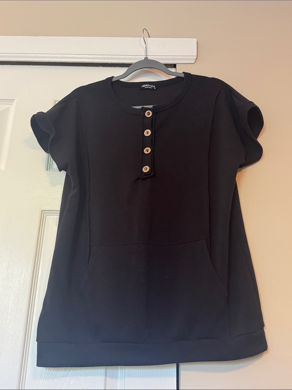 HEIMISH USA Black Short-Sleeve Henley Sweatshirt with Front Pocket